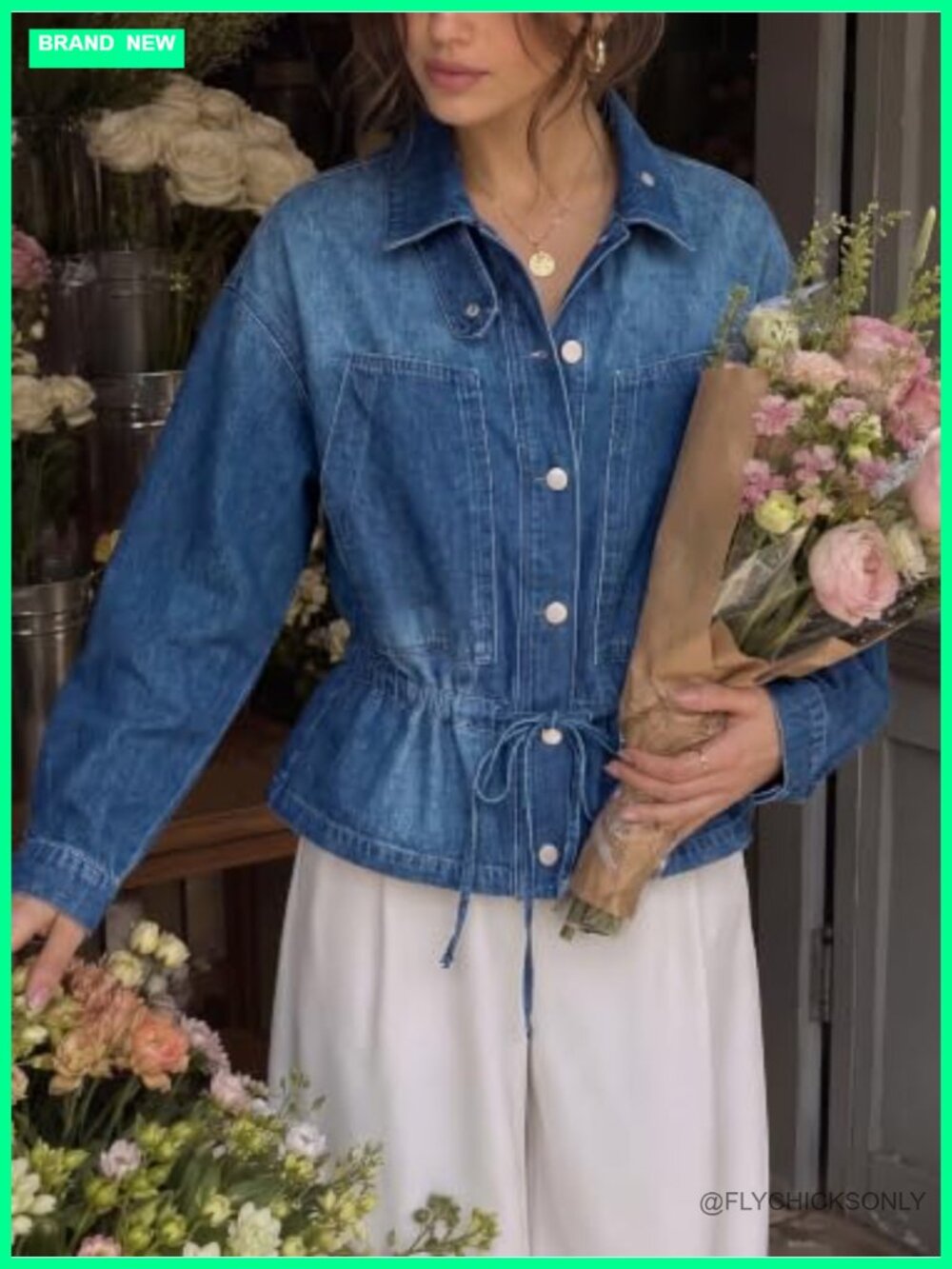 Women's Drawstring Denim Jacket Button Down Collared Shacket Relaxed Fit - Picture 2 of 6